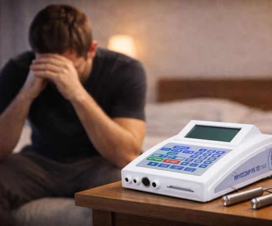 Rayocomp PS 10 bioresonance device in the foreground with a seated man in the background, illustrating stress and confidence concerns in a wellbeing context