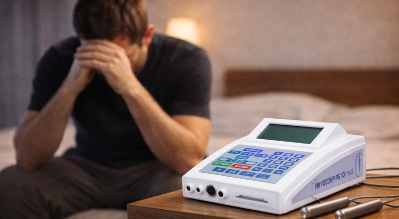 Rayocomp PS 10 bioresonance device in the foreground with a seated man in the background, illustrating stress and confidence concerns in a wellbeing context