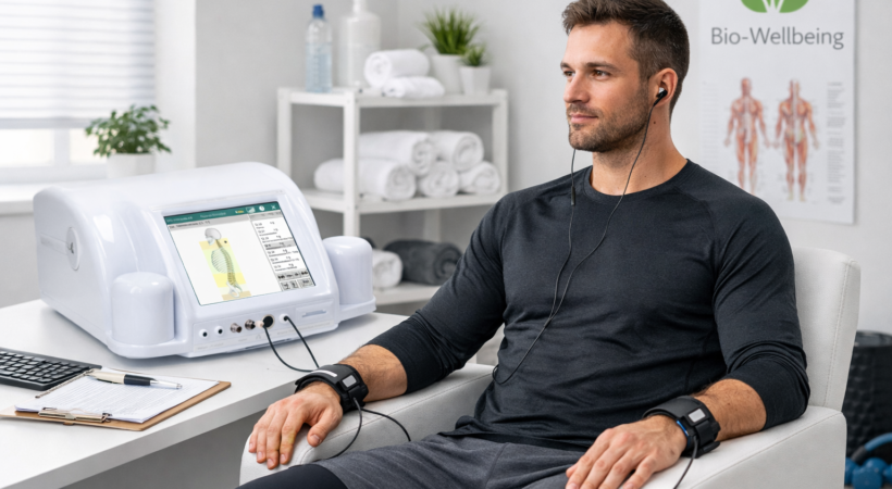 Athletic man using the Polar 4.0 bioresonance machine during a session at Bio-Wellbeing
