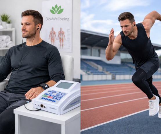 Split image of an athlete receiving bioresonance treatment and sprinting on a running track