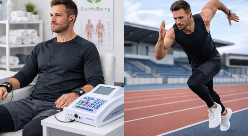 Split image of an athlete receiving bioresonance treatment and sprinting on a running track